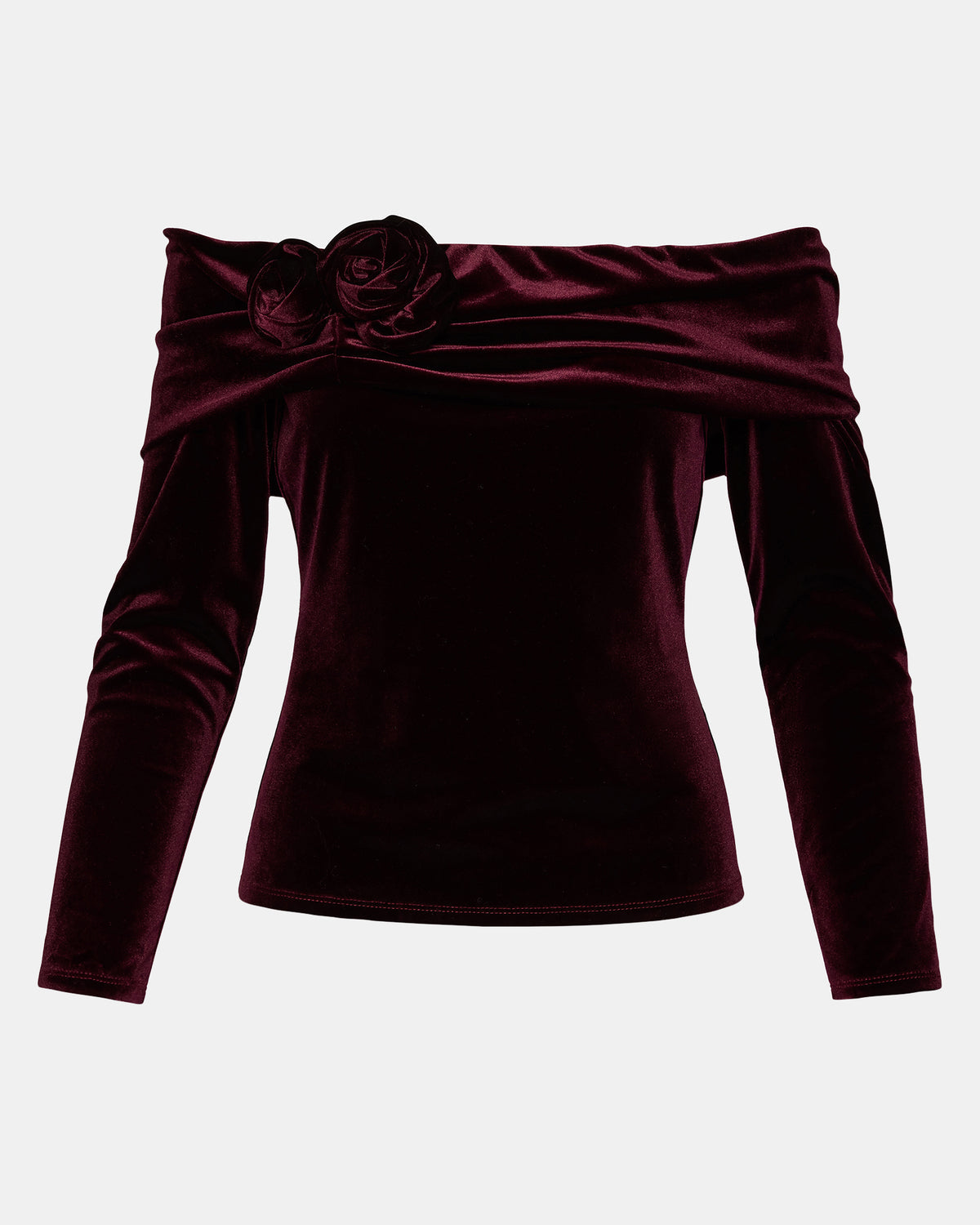 Steve Madden LICI Wine Long-Sleeved Velvet Rose Off-The-Shoulder Women's Top