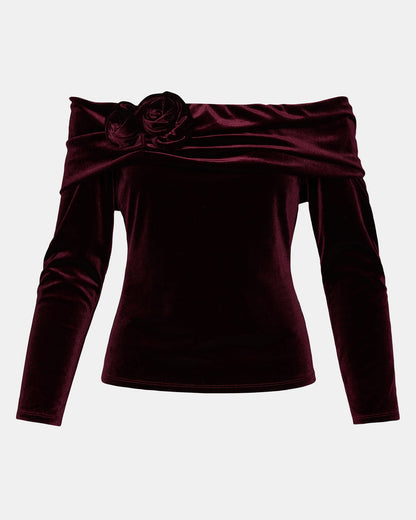 Steve Madden LICI Wine Long-Sleeved Velvet Rose Off-The-Shoulder Women's Top