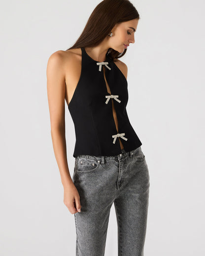 Steve Madden JUVIA Black Sleeveless Bow Detail Halter Women's Top