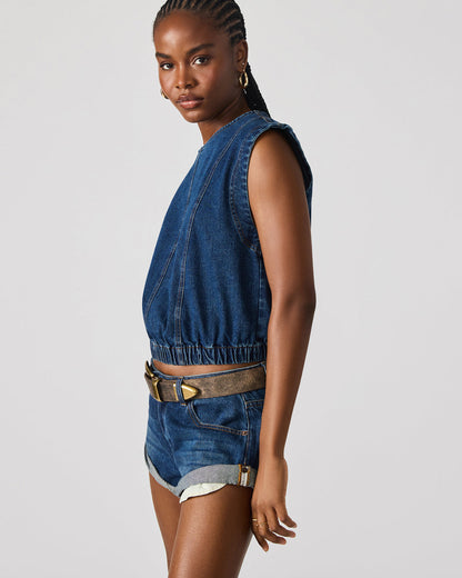 Steve Madden LEILA Denim Dark Blue Sleeveless Zipper Detail Women's Top