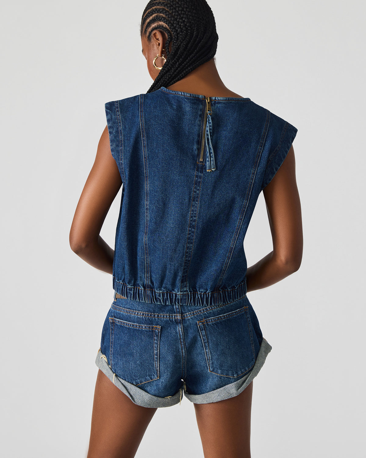 Steve Madden LEILA Denim Dark Blue Sleeveless Zipper Detail Women's Top
