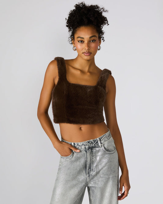 Steve Madden HANNIA Faux Fur Dark Espresso Cropped Women's Top