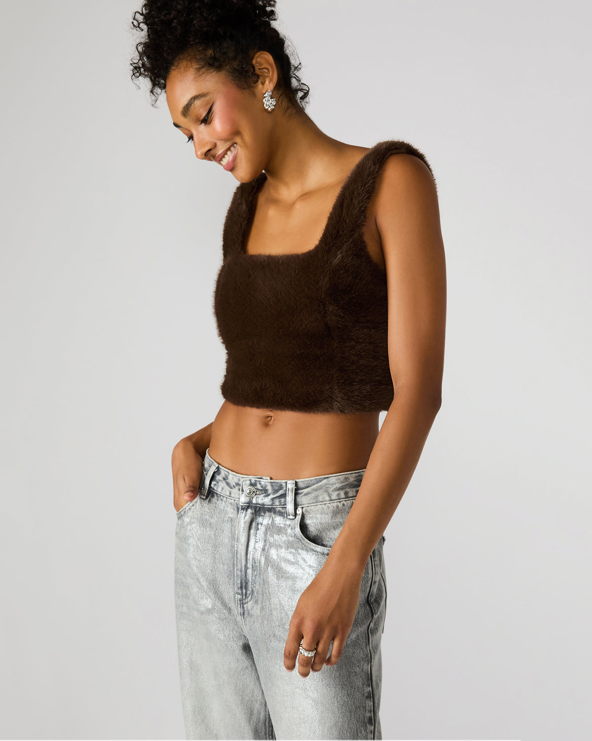 Steve Madden HANNIA Faux Fur Dark Espresso Cropped Women's Top