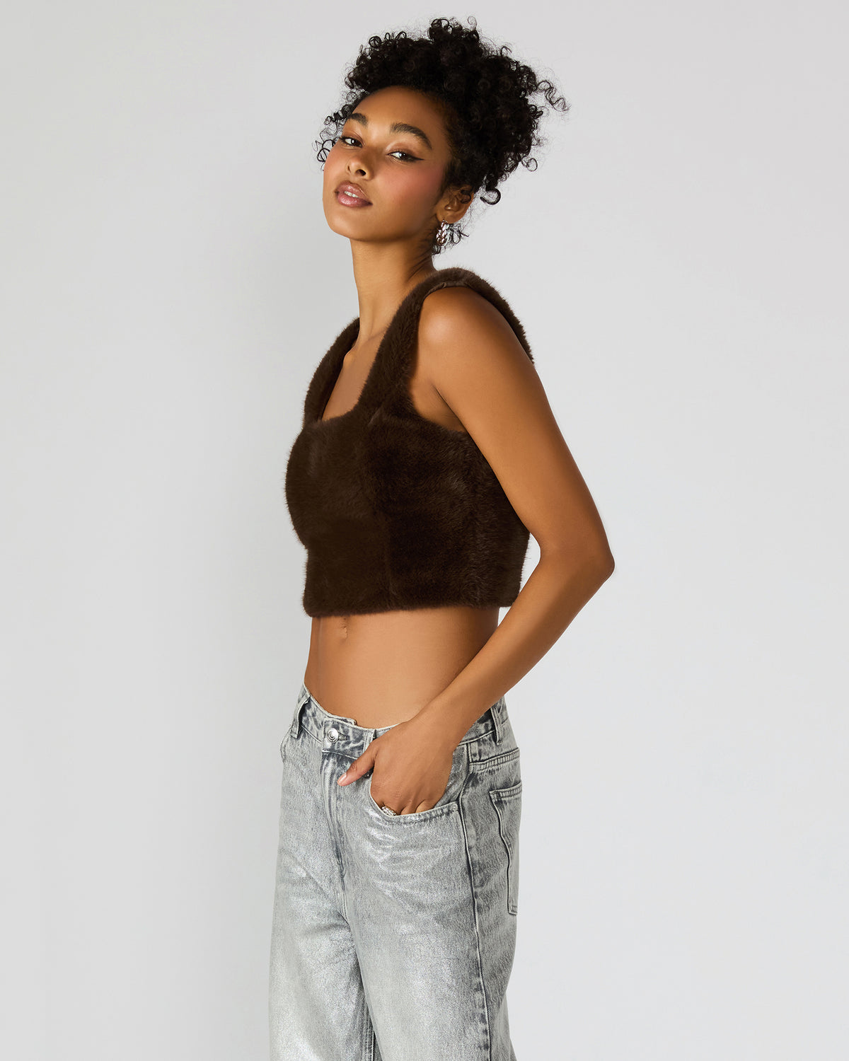 Steve Madden HANNIA Faux Fur Dark Espresso Cropped Women's Top