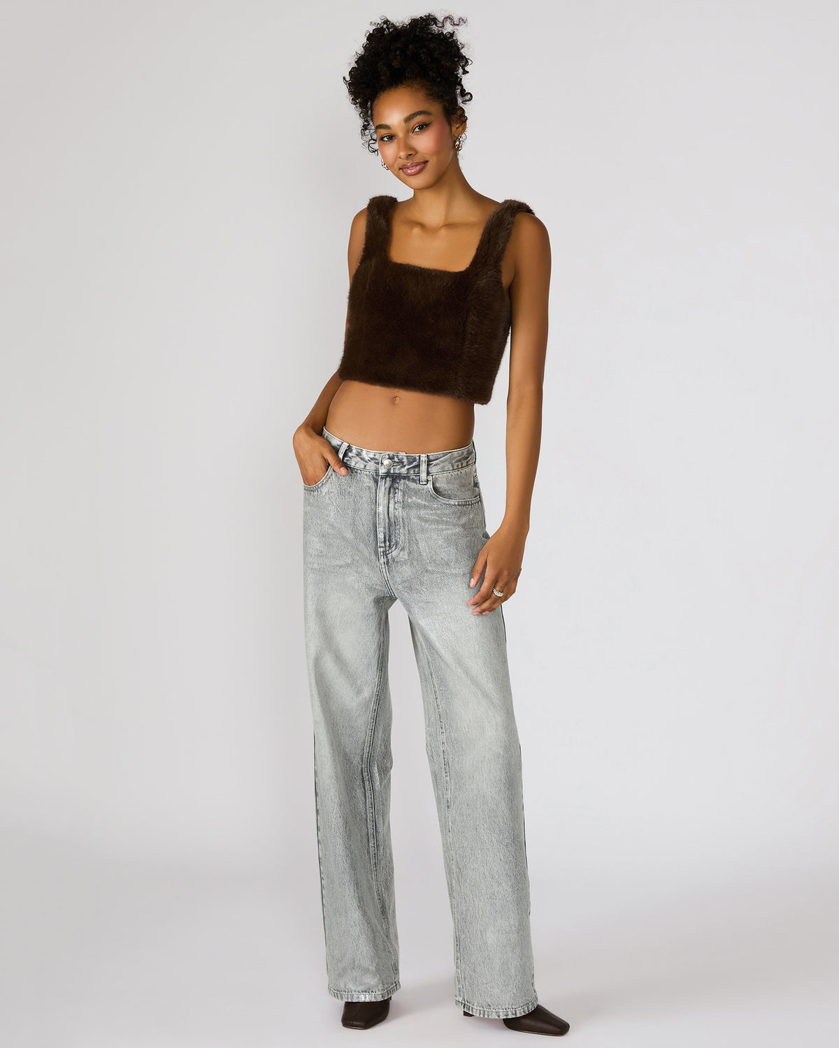 Steve Madden HANNIA Faux Fur Dark Espresso Cropped Women's Top