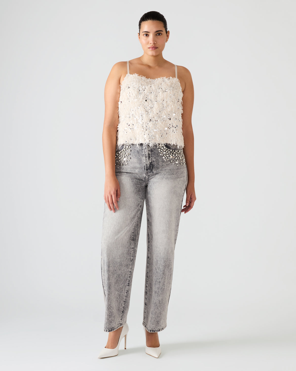 Steve Madden BLAKELYN Ivory Feather Sequin Embellished Women's Top