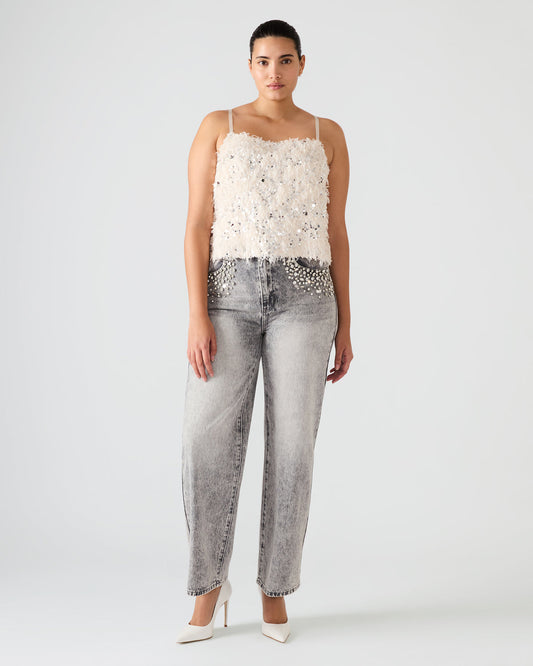 Steve Madden BLAKELYN Ivory Feather Sequin Embellished Women's Top