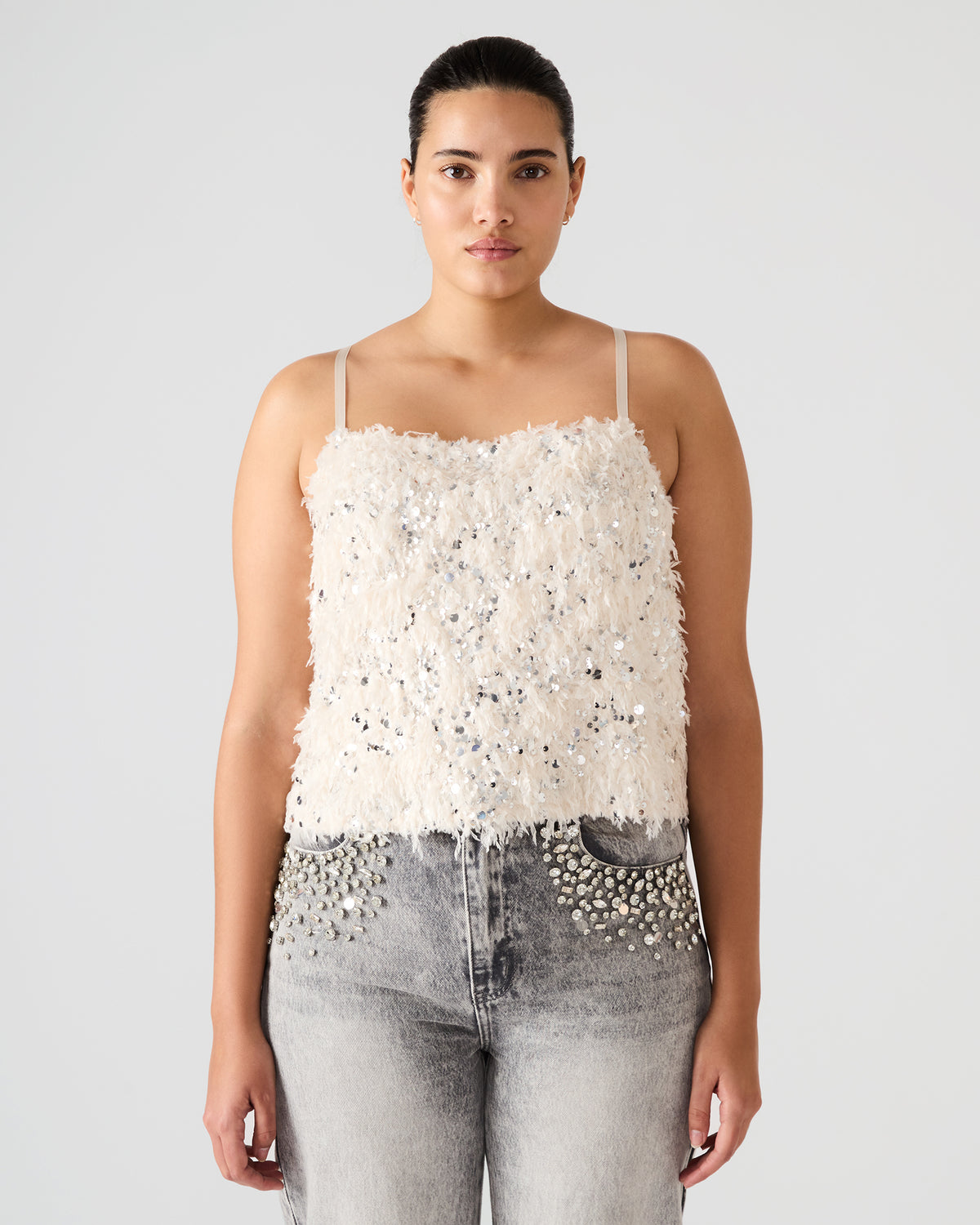 Steve Madden BLAKELYN Ivory Feather Sequin Embellished Women's Top