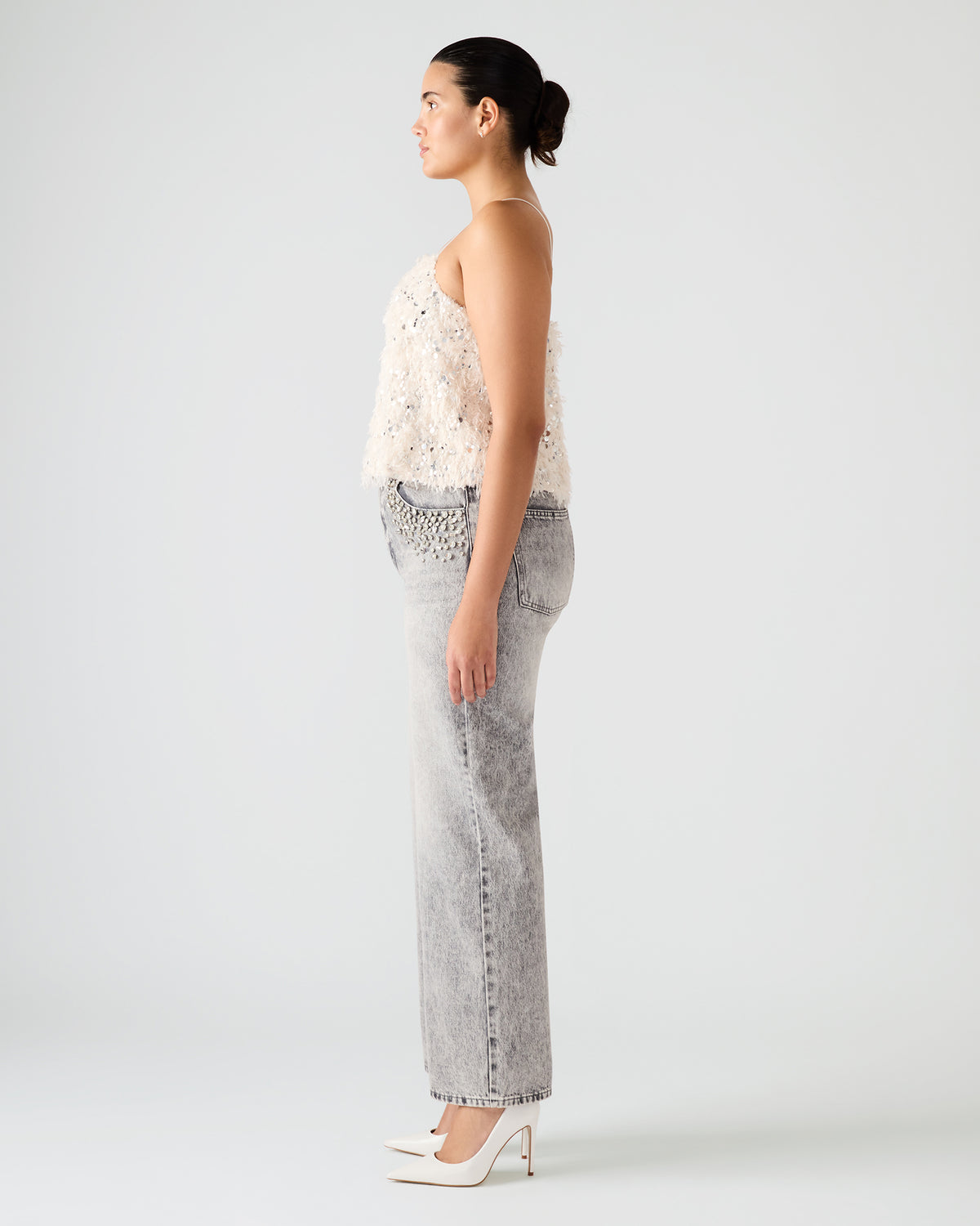 Steve Madden BLAKELYN Ivory Feather Sequin Embellished Women's Top