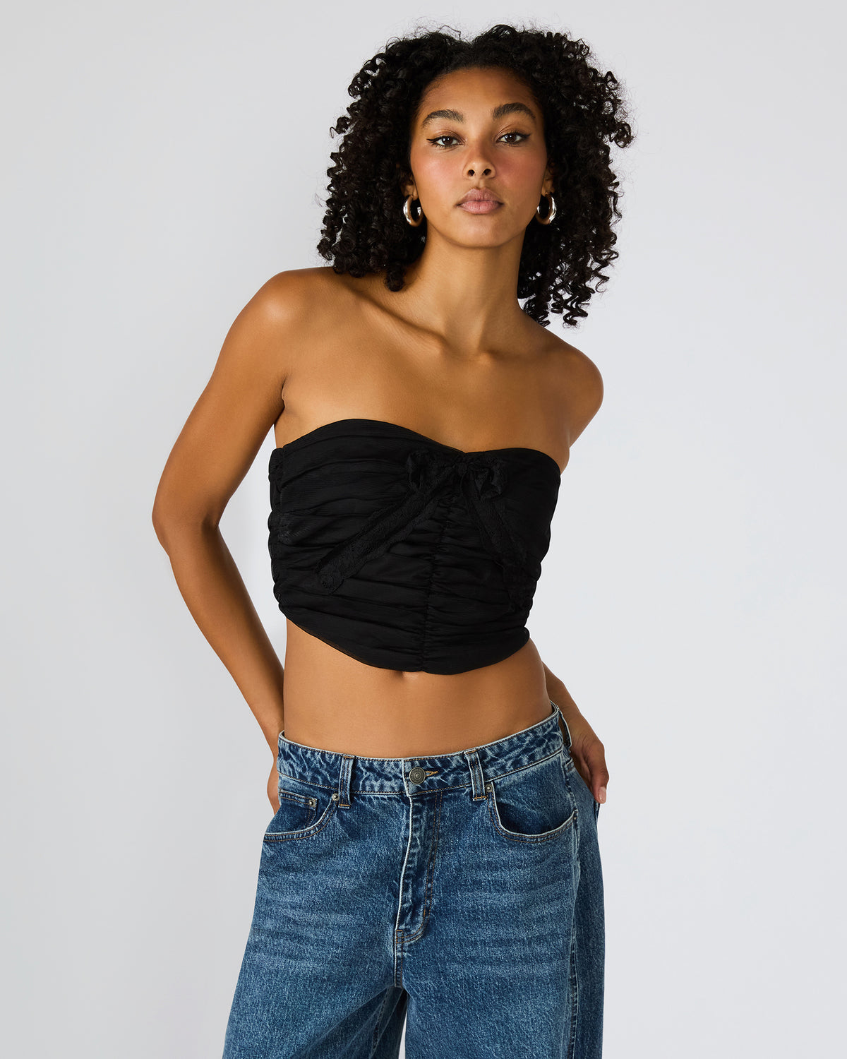 Steve Madden MARTINE Black Strapless Ruched Cropped Corset Women's Top