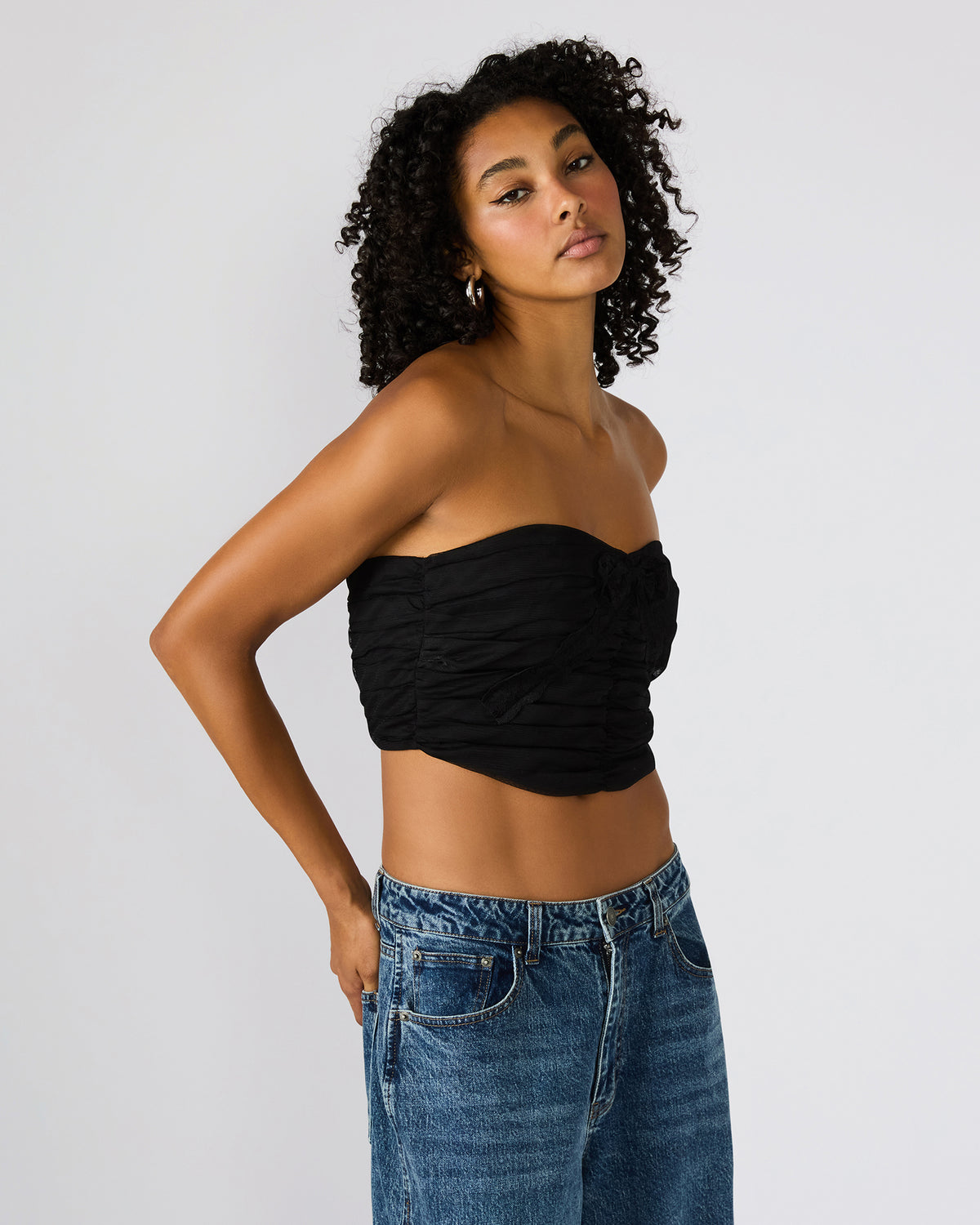 Steve Madden MARTINE Black Strapless Ruched Cropped Corset Women's Top