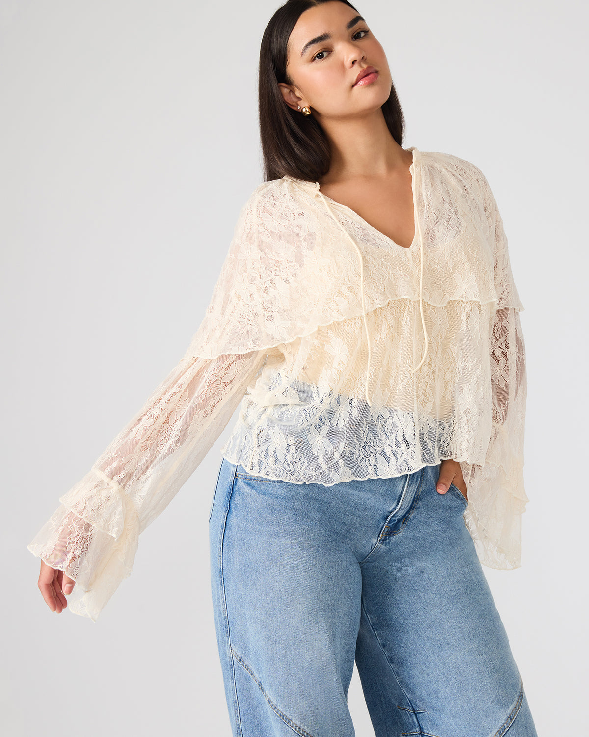 Steve Madden SAYLOR Cream Long-Sleeved Ruffle Mesh Lace Women's Top