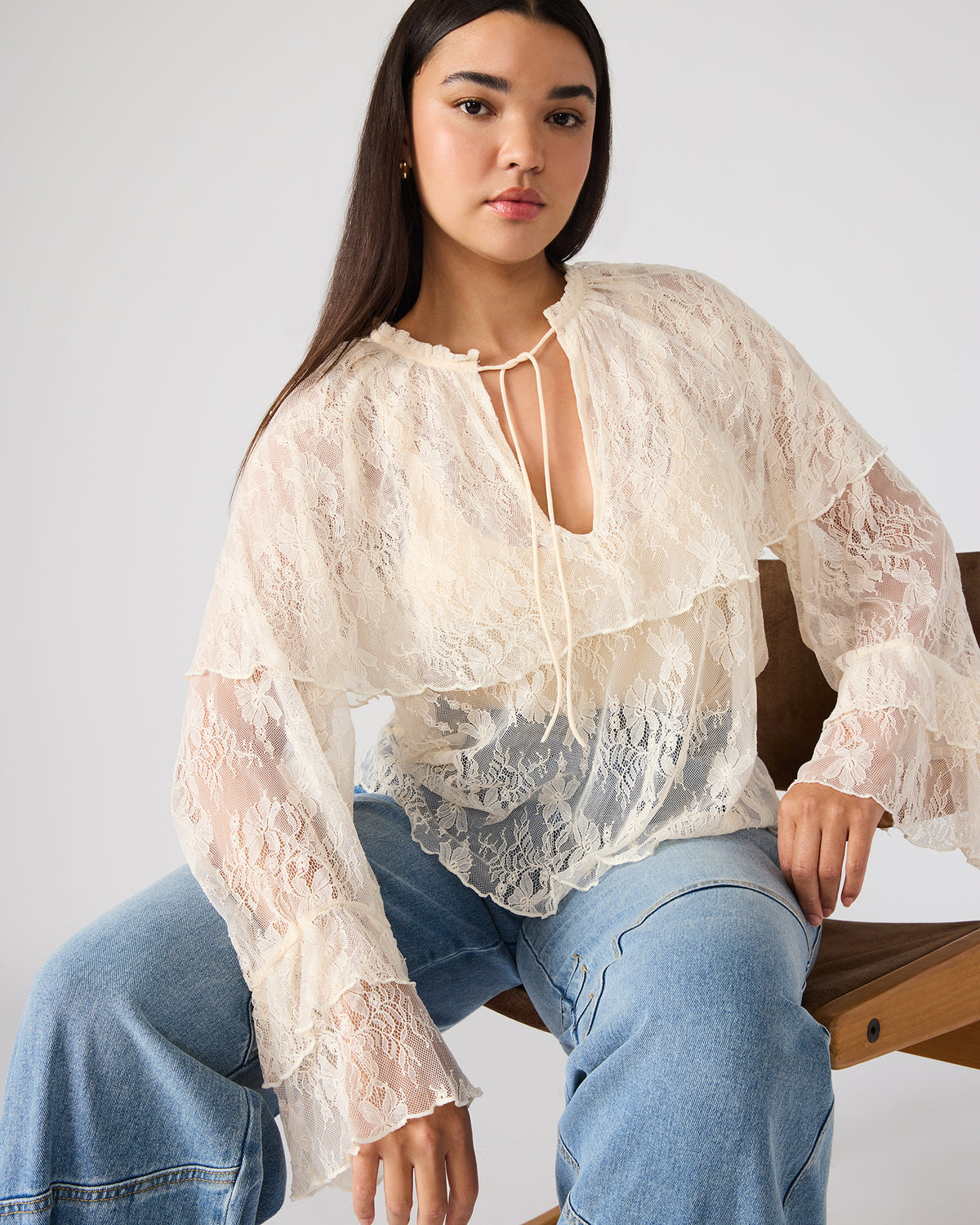Steve Madden SAYLOR Cream Long-Sleeved Ruffle Mesh Lace Women's Top