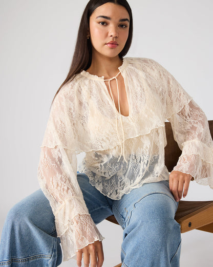 Steve Madden SAYLOR Cream Long-Sleeved Ruffle Mesh Lace Women's Top
