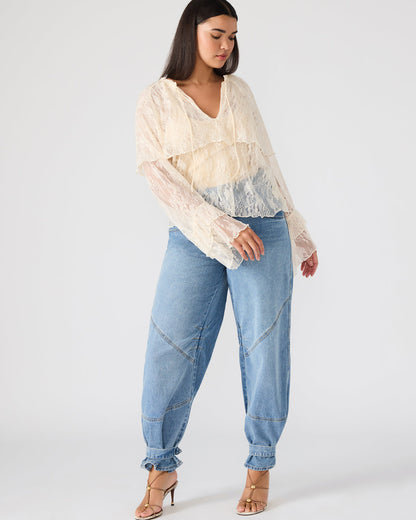 Steve Madden SAYLOR Cream Long-Sleeved Ruffle Mesh Lace Women's Top