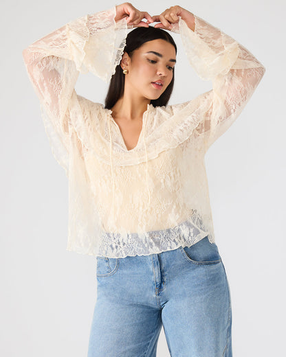 Steve Madden SAYLOR Cream Long-Sleeved Ruffle Mesh Lace Women's Top