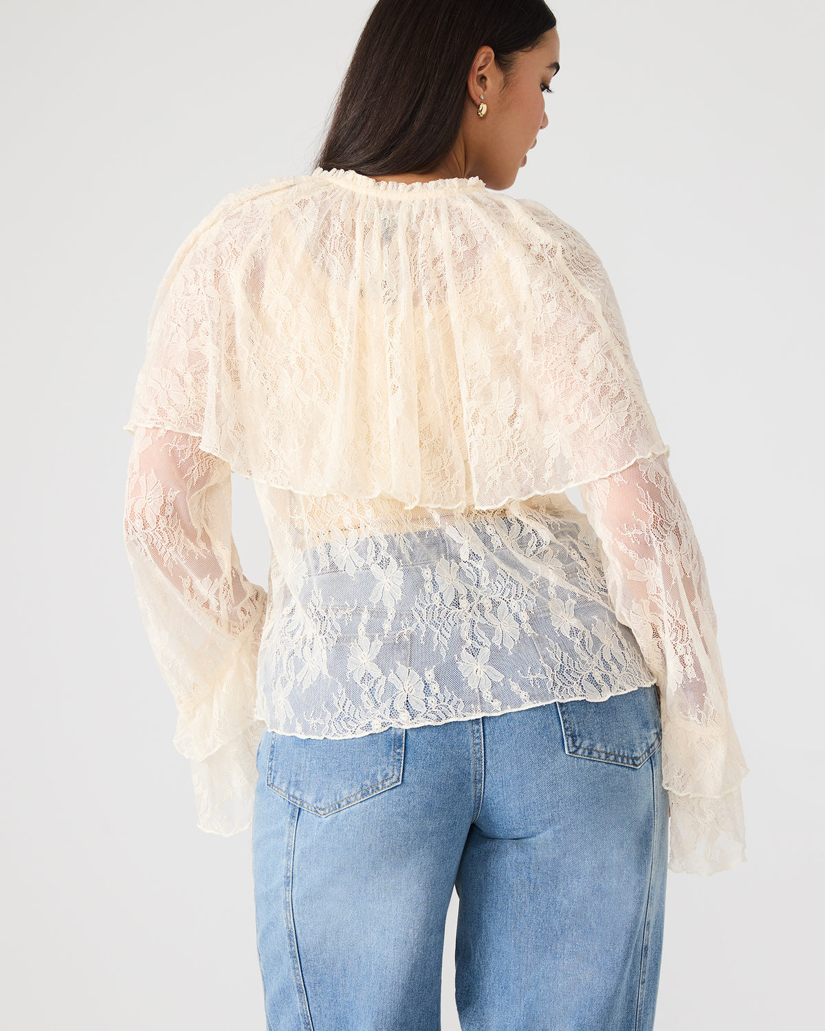Steve Madden SAYLOR Cream Long-Sleeved Ruffle Mesh Lace Women's Top