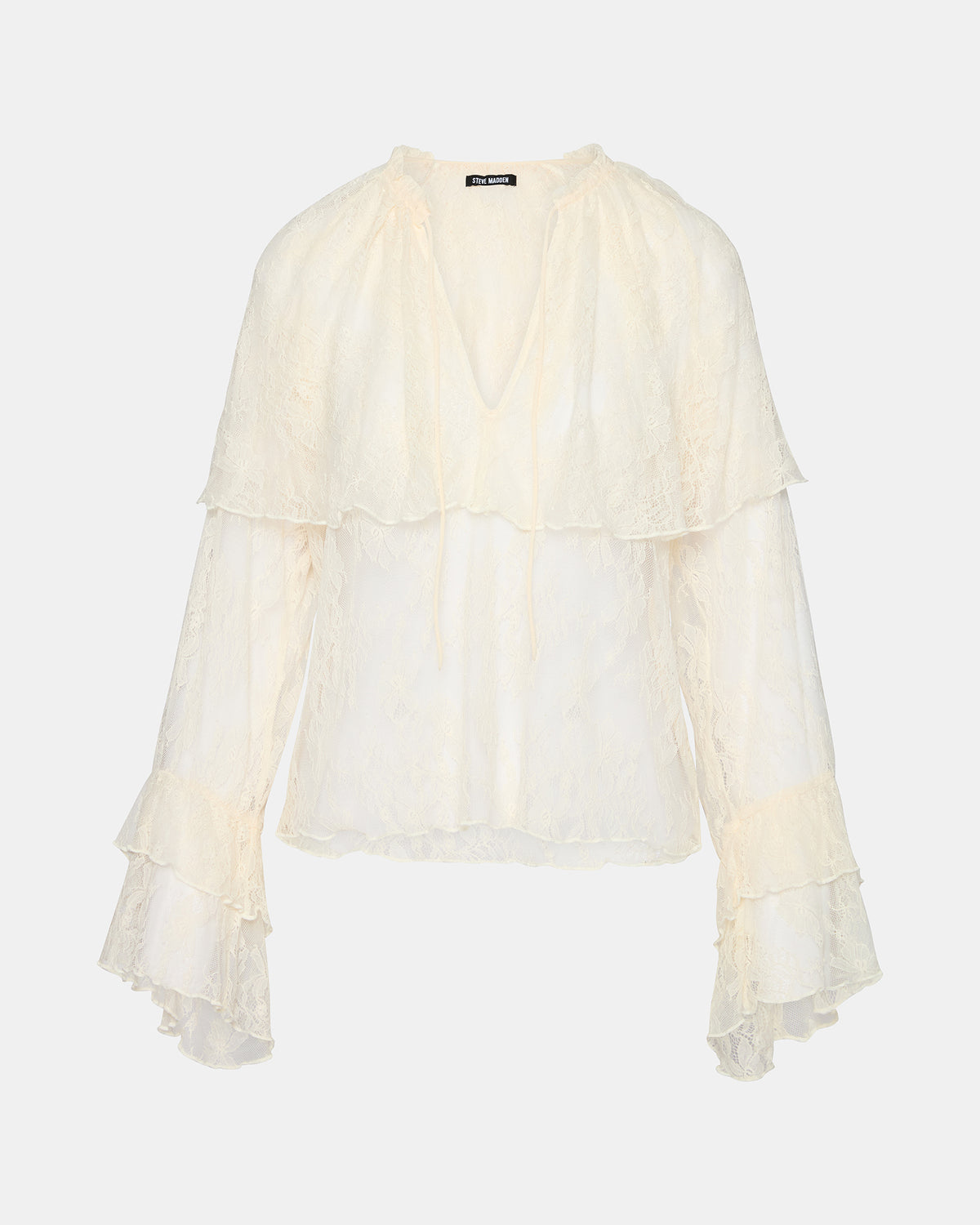 Steve Madden SAYLOR Cream Long-Sleeved Ruffle Mesh Lace Women's Top