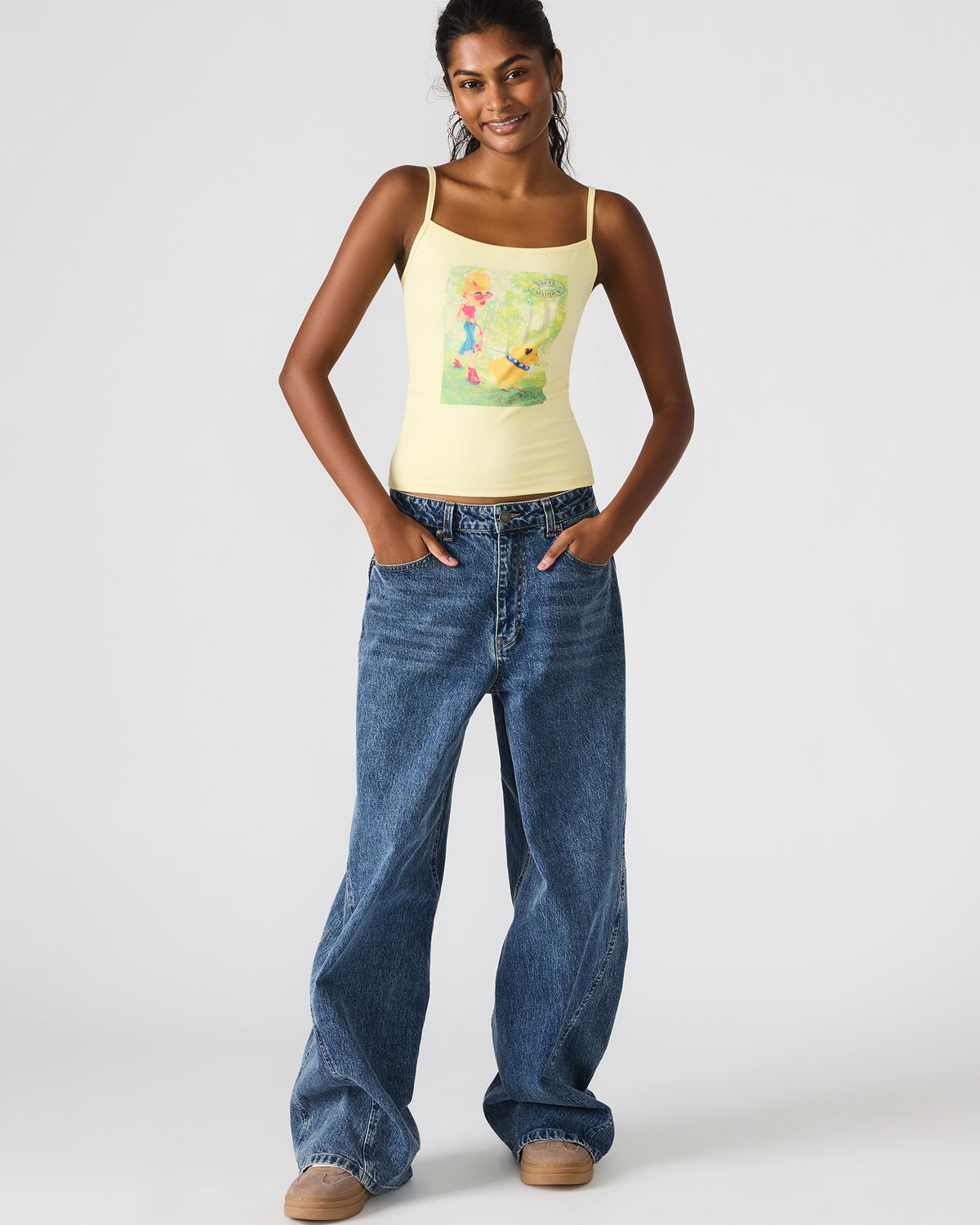 Steve Madden GOLDIE Pale Yellow Sleeveless Graphic Women's Tank Top