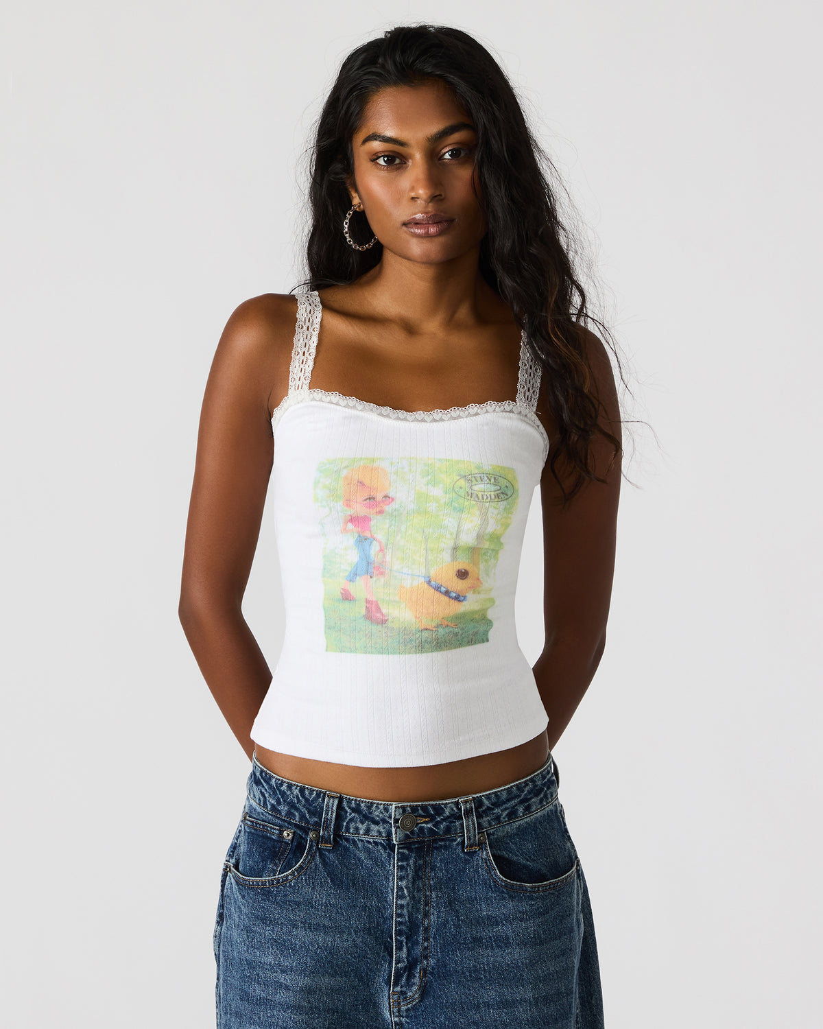 Steve Madden LOVE GOLDIE Antique Lace Trim Sleeveless Graphic Women's Tank Top