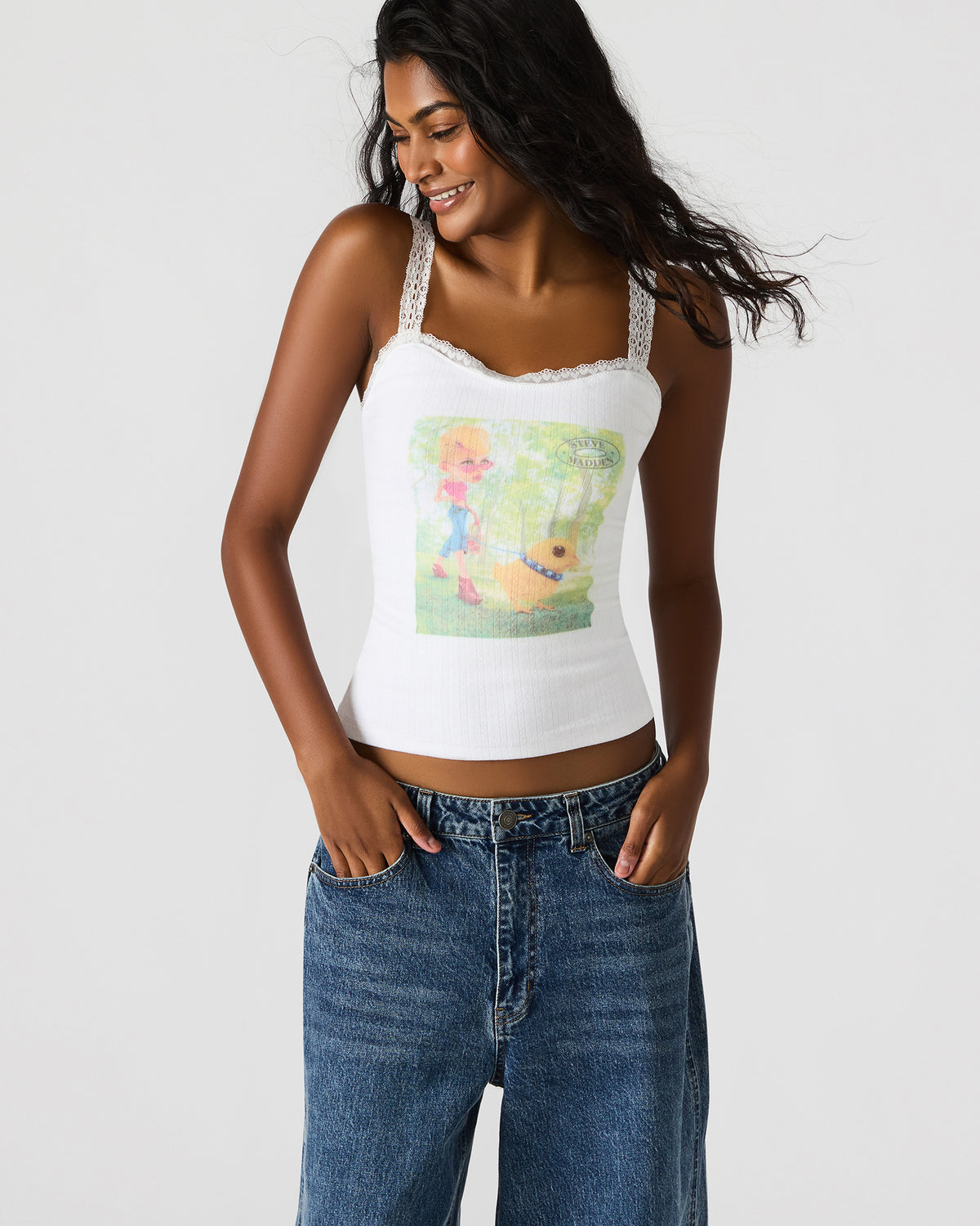 Steve Madden LOVE GOLDIE Antique Lace Trim Sleeveless Graphic Women's Tank Top