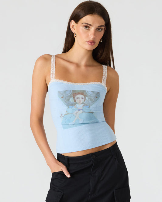 Steve Madden LOVE GOLDIE Surf Blue Lace Trim Sleeveless Graphic Women's Tank Top