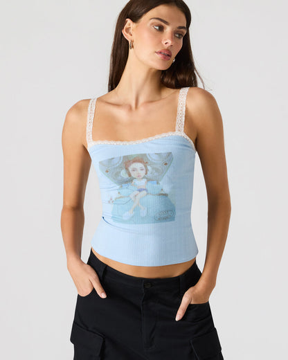 Steve Madden LOVE GOLDIE Surf Blue Lace Trim Sleeveless Graphic Women's Tank Top