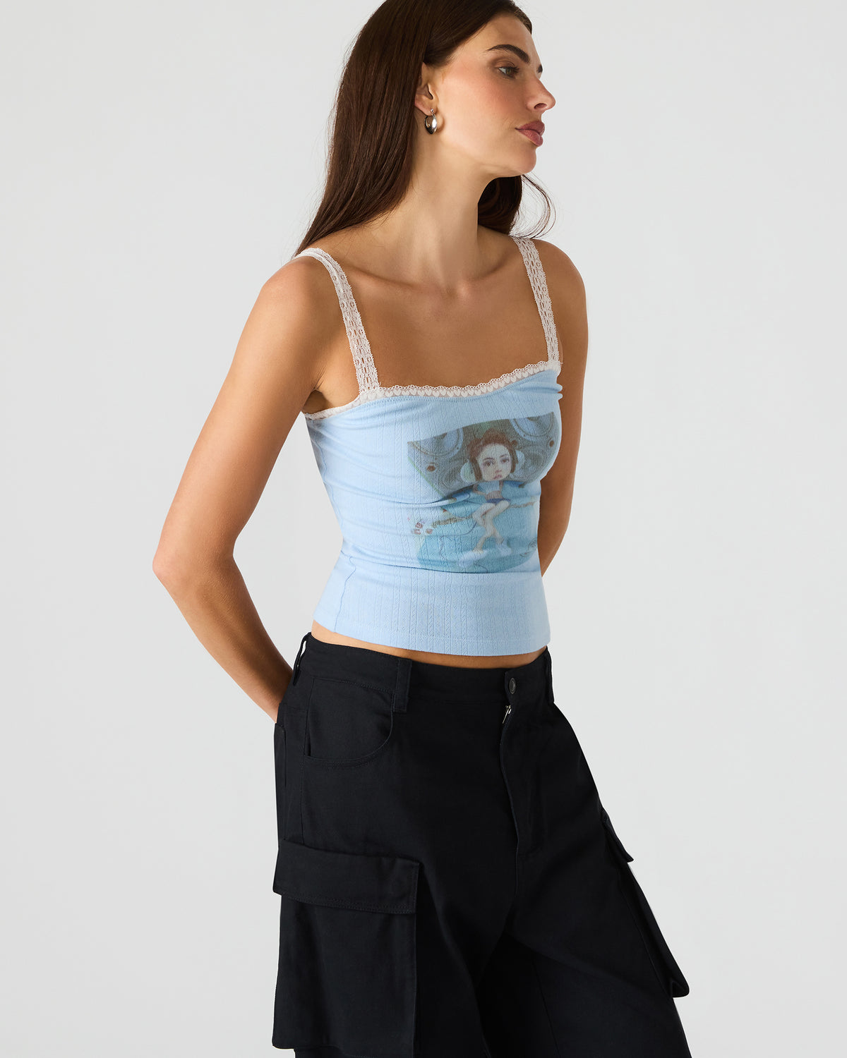 Steve Madden LOVE GOLDIE Surf Blue Lace Trim Sleeveless Graphic Women's Tank Top
