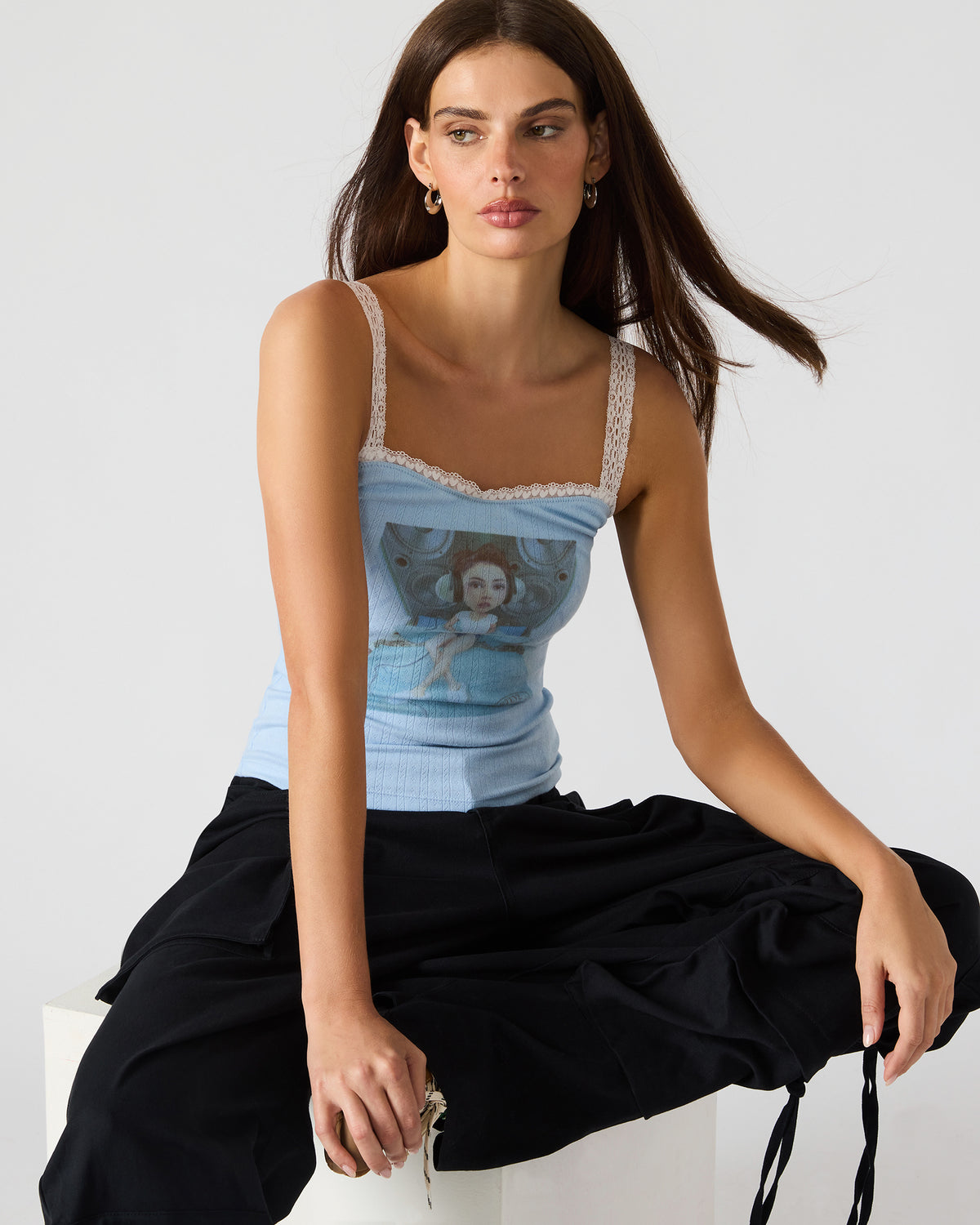 Steve Madden LOVE GOLDIE Surf Blue Lace Trim Sleeveless Graphic Women's Tank Top