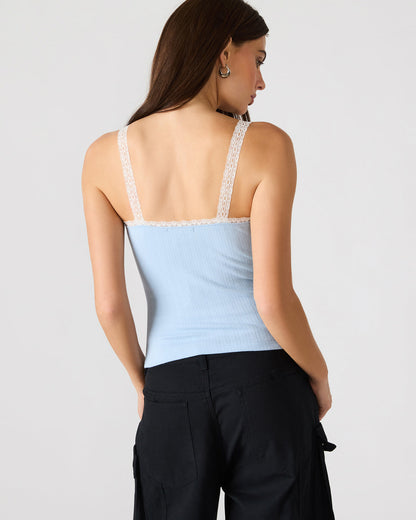 Steve Madden LOVE GOLDIE Surf Blue Lace Trim Sleeveless Graphic Women's Tank Top