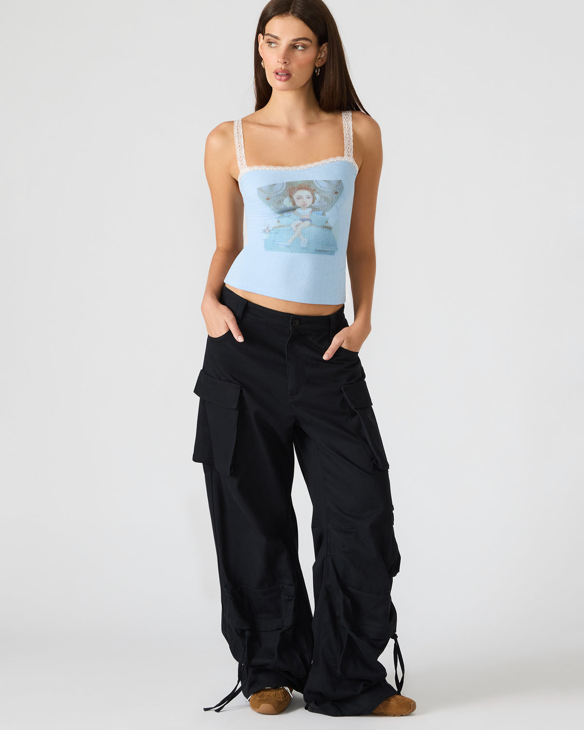 Steve Madden LOVE GOLDIE Surf Blue Lace Trim Sleeveless Graphic Women's Tank Top