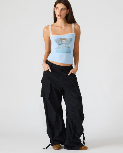 Steve Madden LOVE GOLDIE Surf Blue Lace Trim Sleeveless Graphic Women's Tank Top