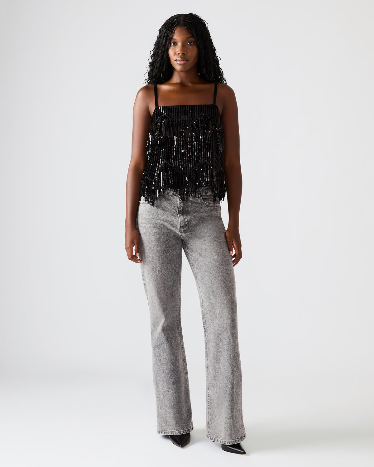 Steve Madden BLAKELYN Sequin Black Fringe Embellished Women's Top