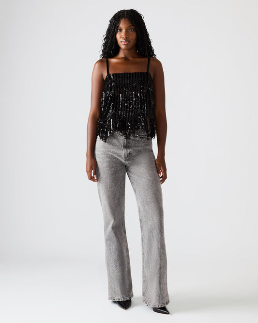 Steve Madden BLAKELYN Sequin Black Fringe Embellished Women's Top