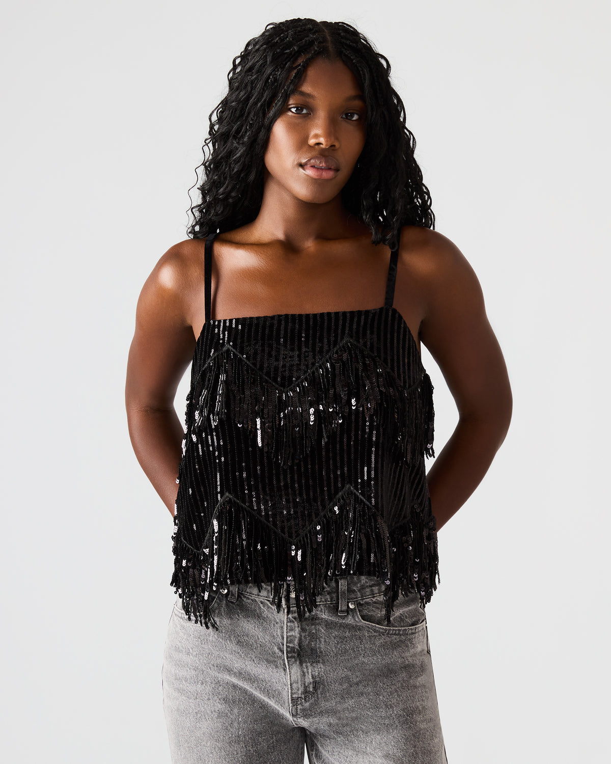 Steve Madden BLAKELYN Sequin Black Fringe Embellished Women's Top