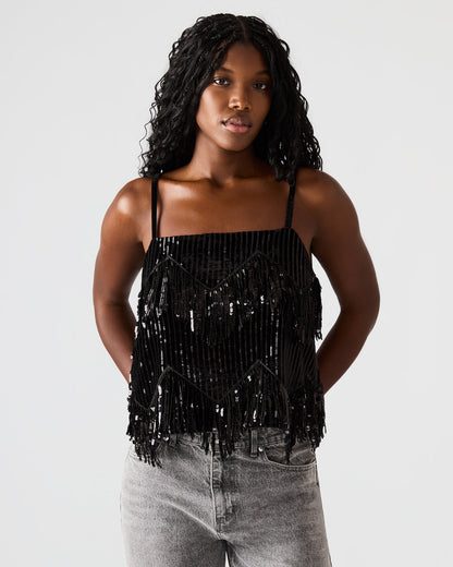 Steve Madden BLAKELYN Sequin Black Fringe Embellished Women's Top