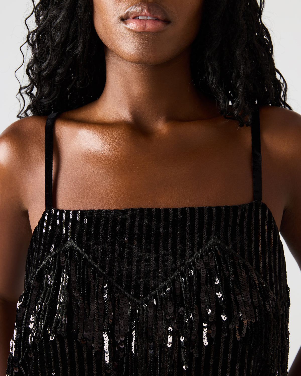 Steve Madden BLAKELYN Sequin Black Fringe Embellished Women's Top