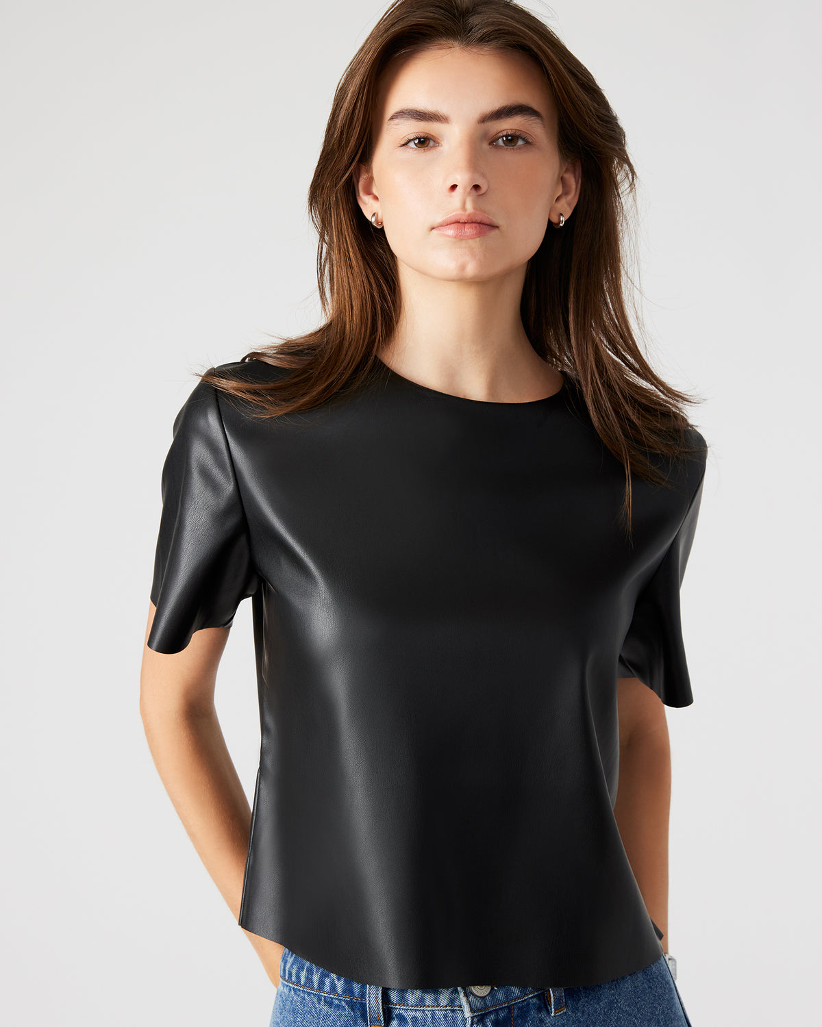 Steve Madden EZRA Black Women's Short Sleeve Faux Leather Top
