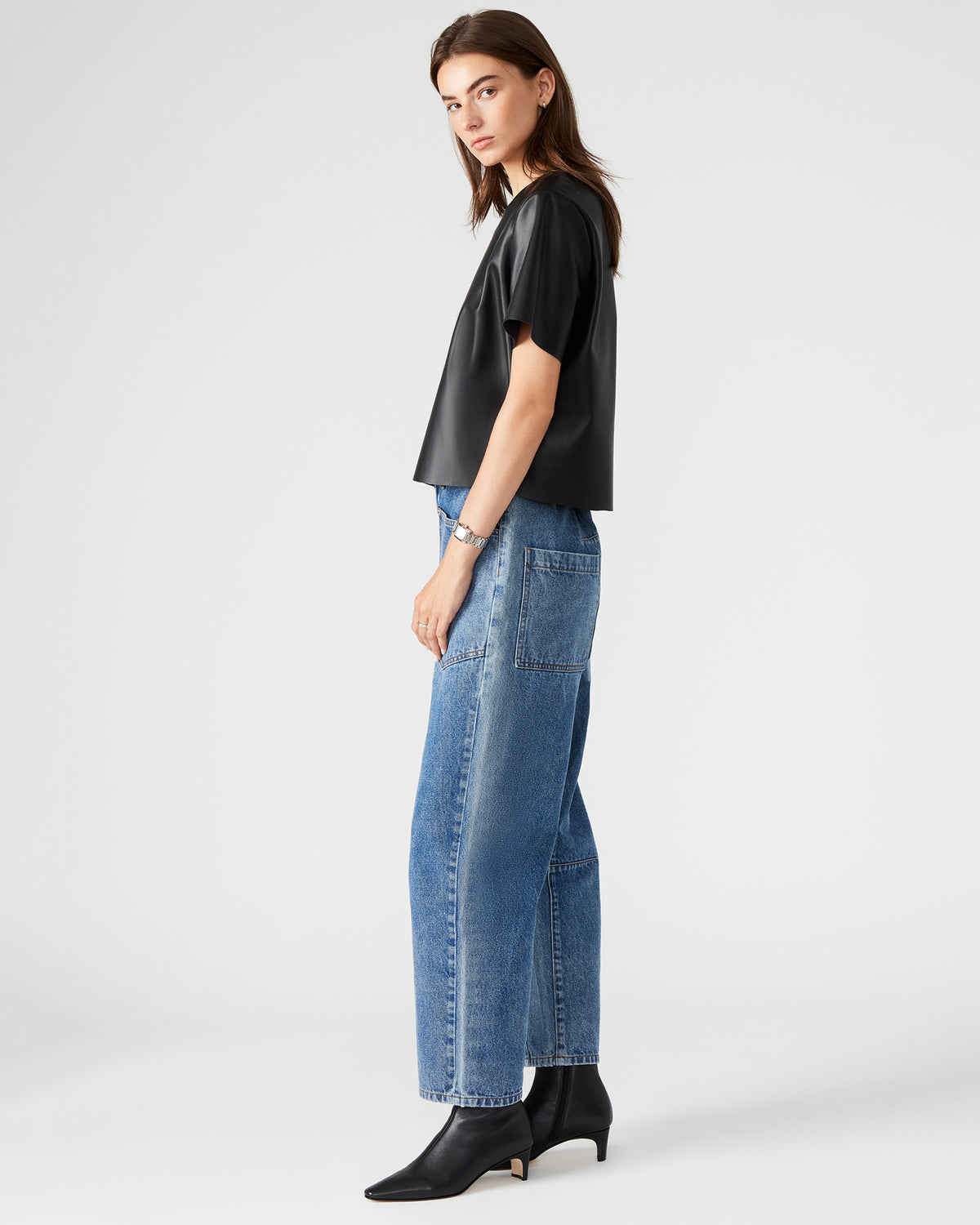 Steve Madden EZRA Black Women's Short Sleeve Faux Leather Top