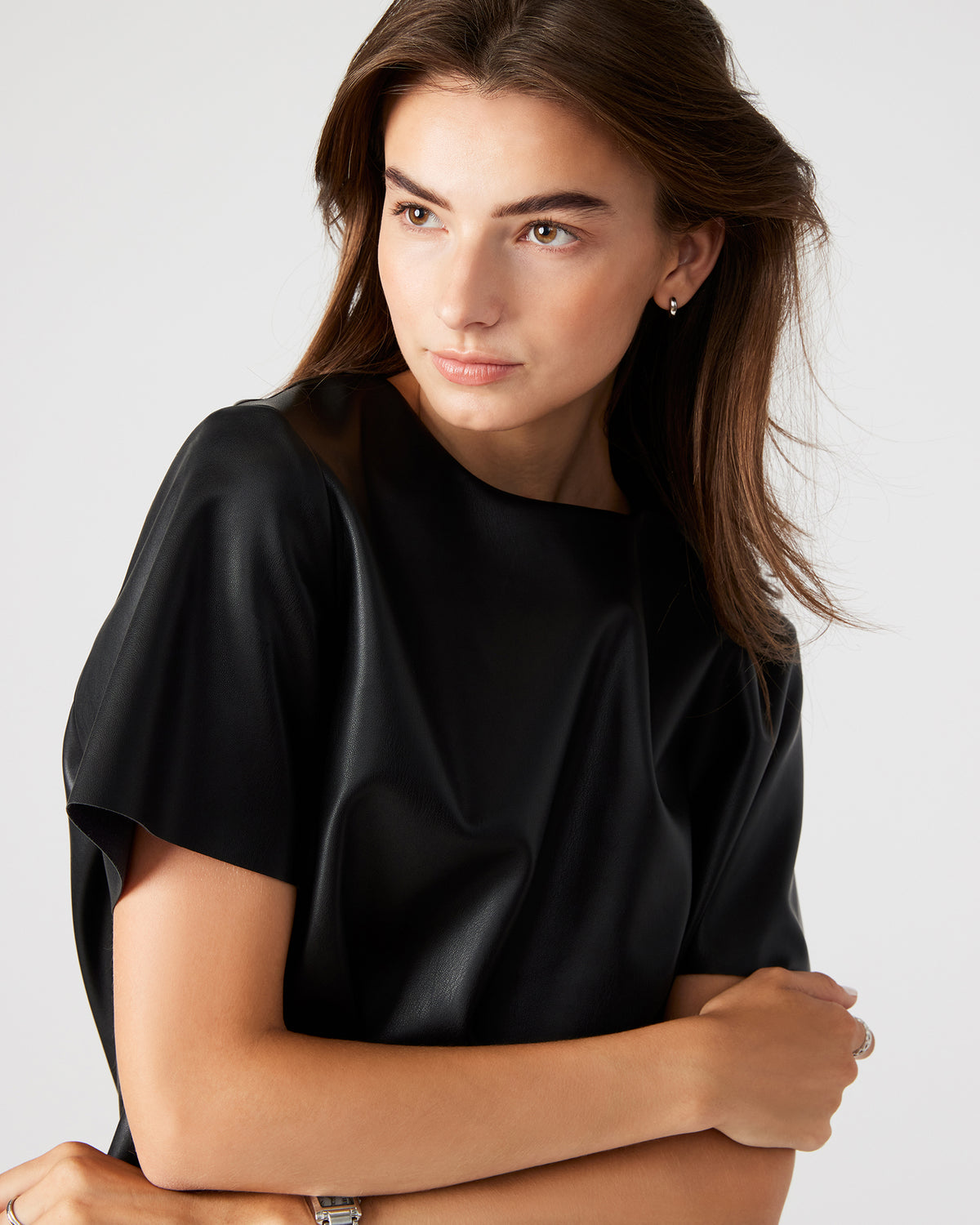 Steve Madden EZRA Black Women's Short Sleeve Faux Leather Top