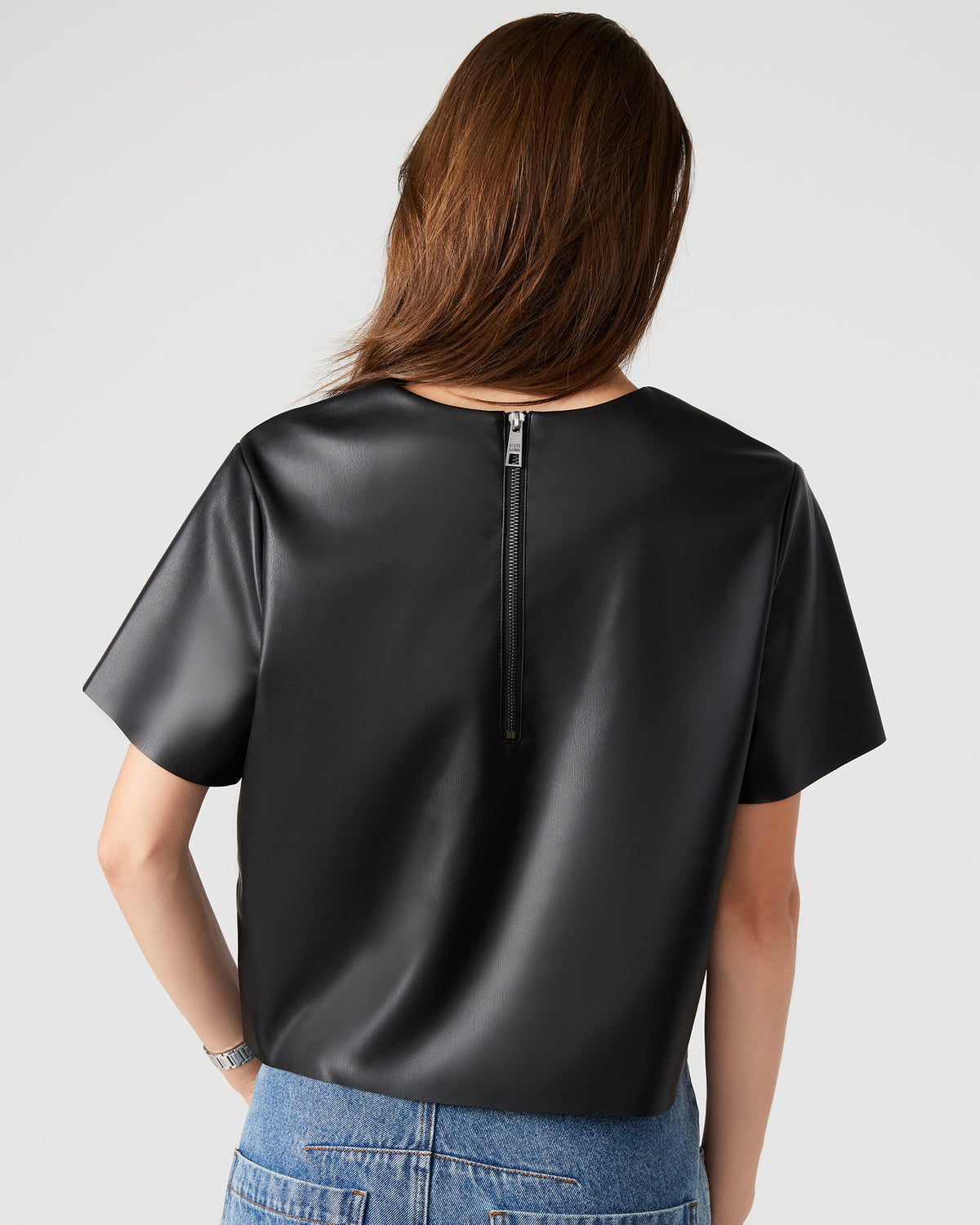 Steve Madden EZRA Black Women's Short Sleeve Faux Leather Top