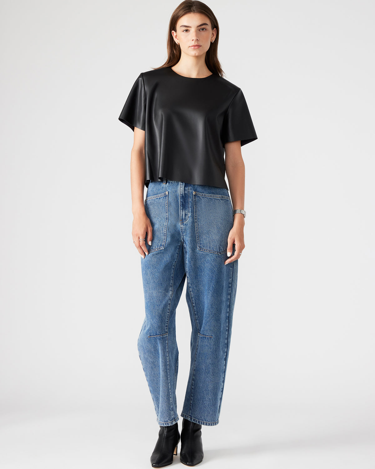 Steve Madden EZRA Black Women's Short Sleeve Faux Leather Top