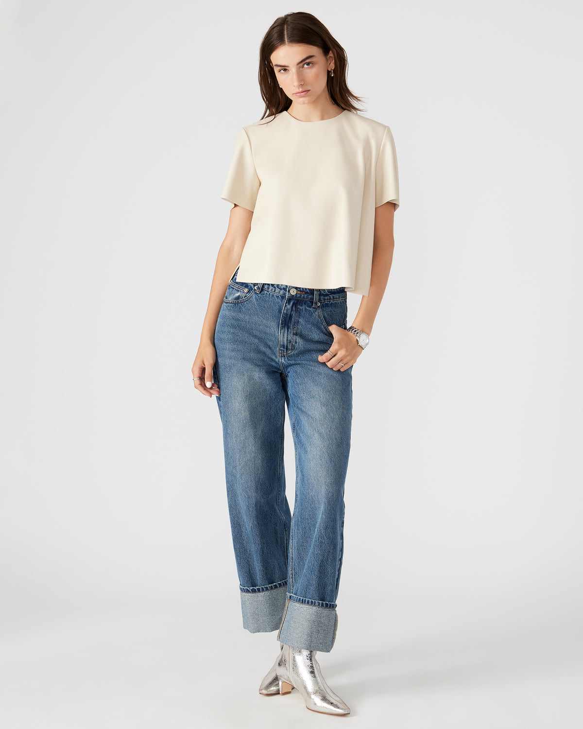 Steve Madden EZRA Bone Women's Short Sleeve Faux Leather Top
