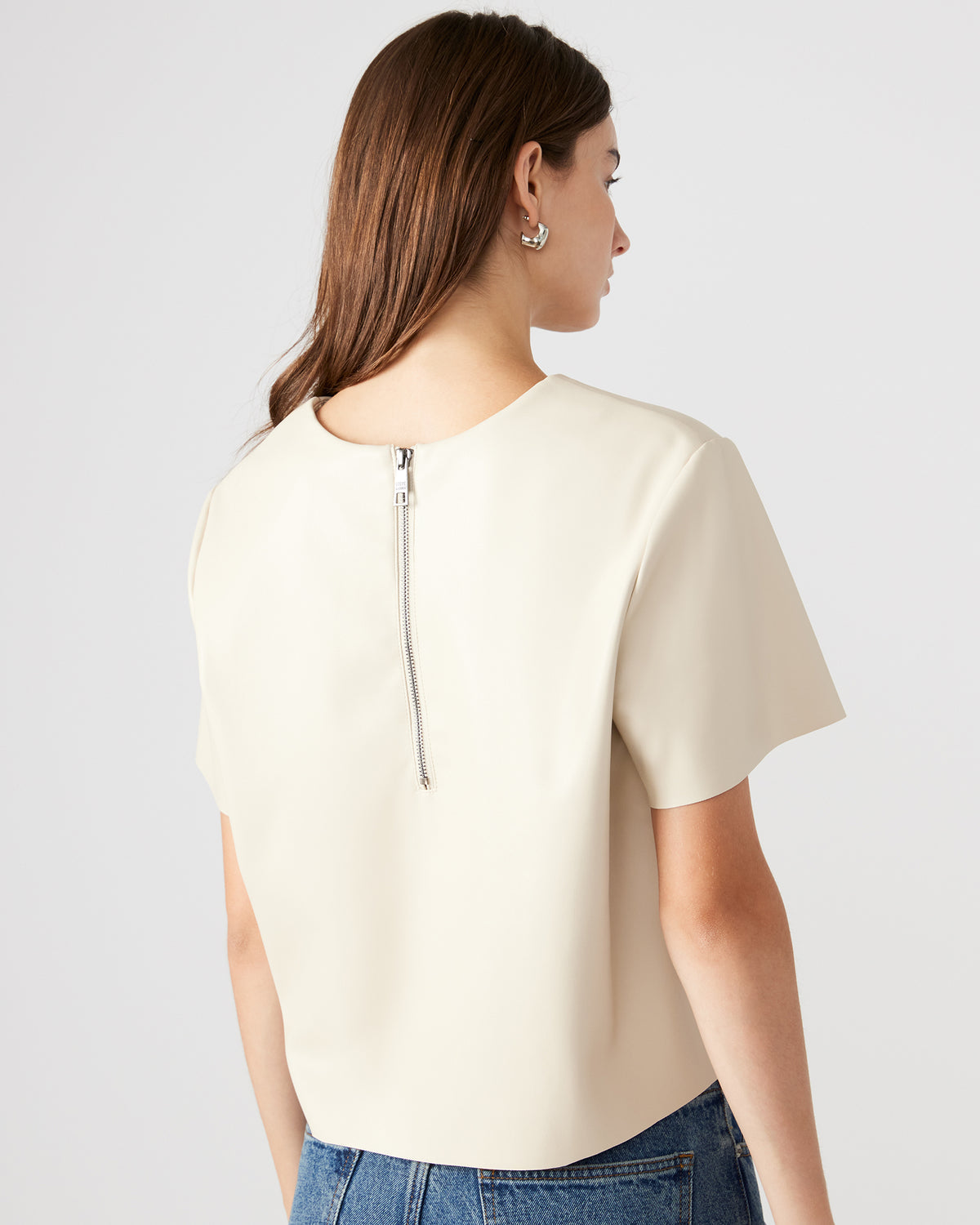 Steve Madden EZRA Bone Women's Short Sleeve Faux Leather Top