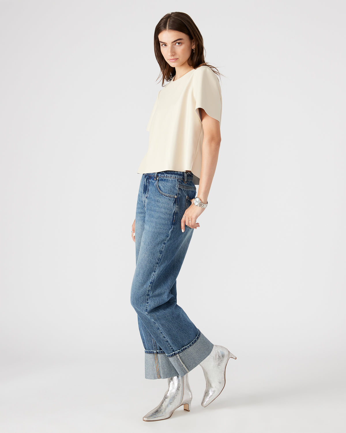 Steve Madden EZRA Bone Women's Short Sleeve Faux Leather Top