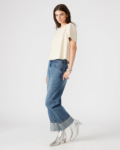 Steve Madden EZRA Bone Women's Short Sleeve Faux Leather Top