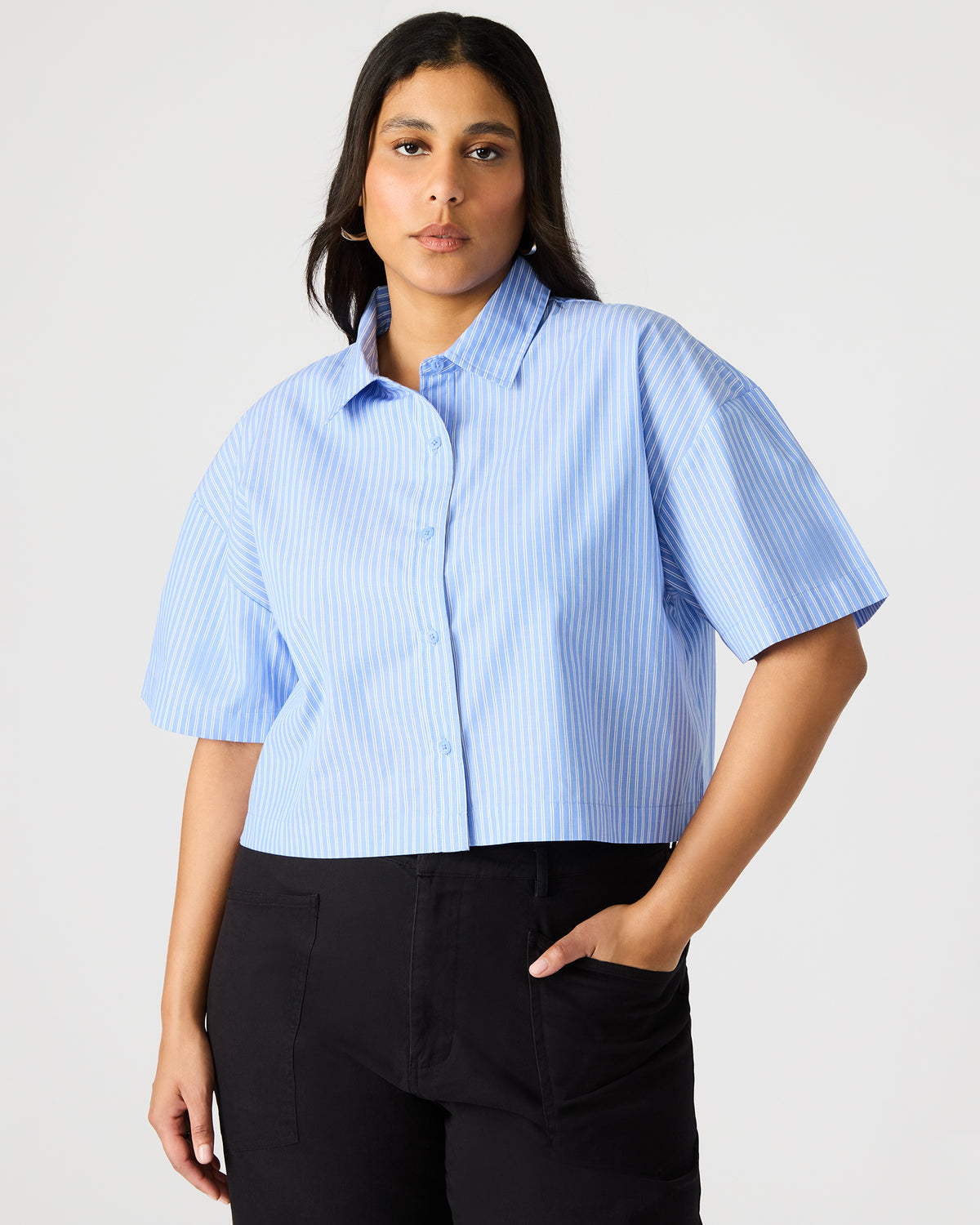 Steve Madden TULA Blue/White Women's Collared Button-Up Pinstripe Top