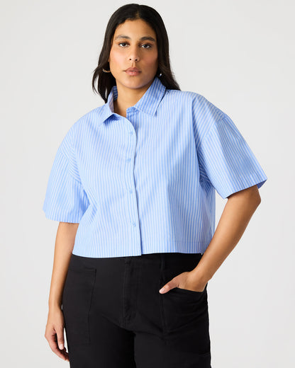 Steve Madden TULA Blue/White Women's Collared Button-Up Pinstripe Top