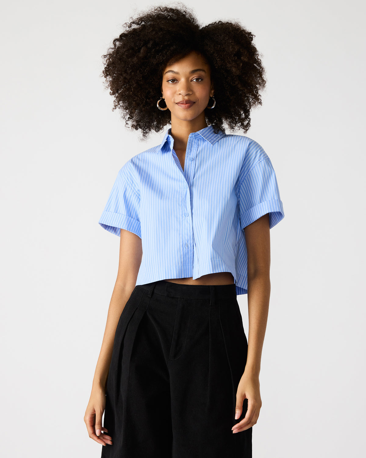 Steve Madden TULA Blue/White Women's Collared Button-Up Pinstripe Top