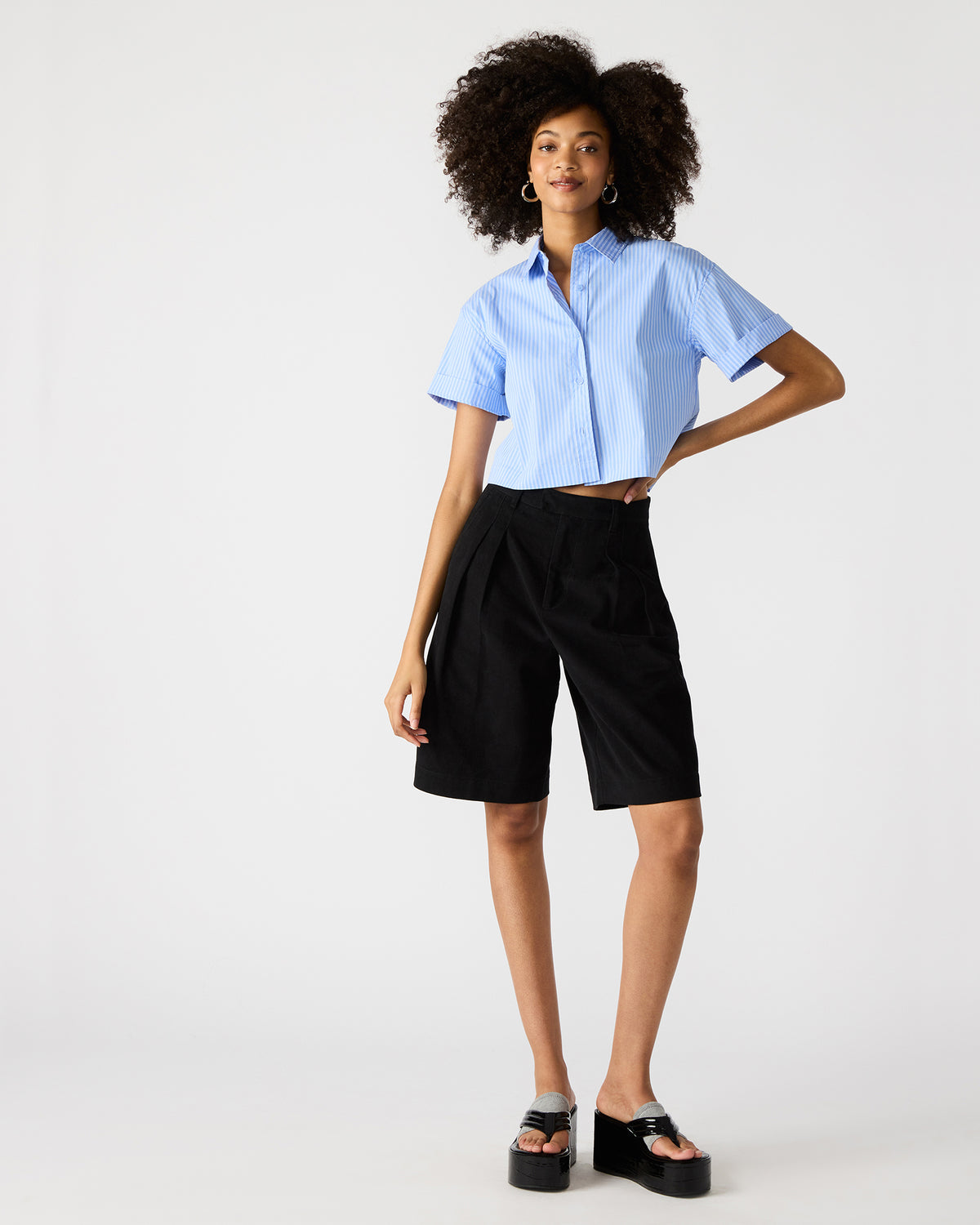 Steve Madden TULA Blue/White Women's Collared Button-Up Pinstripe Top